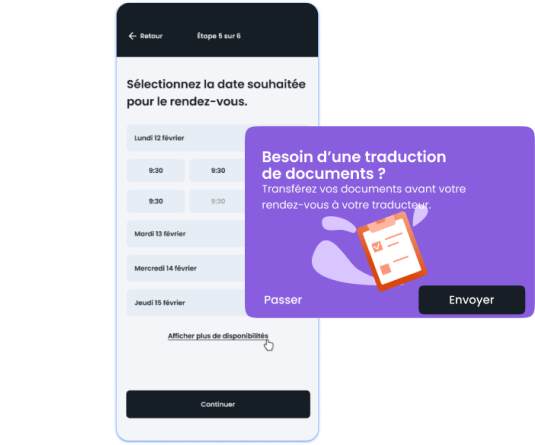 Aperçu de l'application WeTransly : sélection de la date d'un rendez-vous et envoi de documents à l'interprète